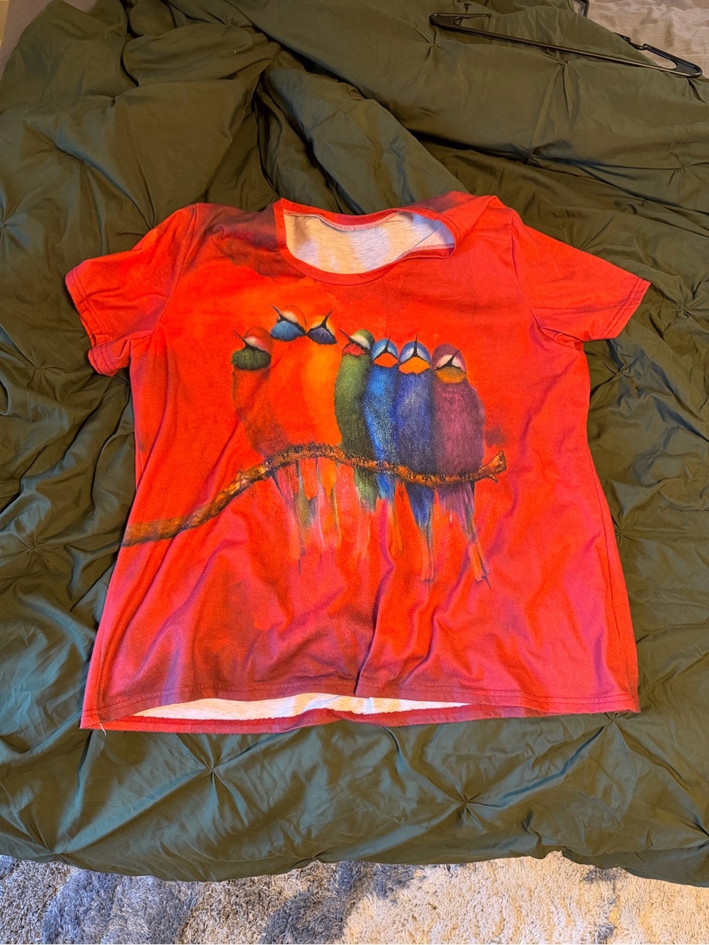 Women's Red Short-Sleeve Tee with Colorful Bird Print